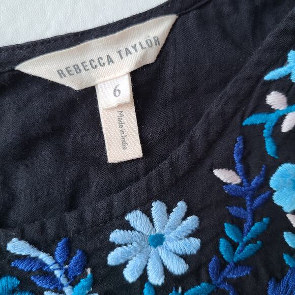 Rebecca Taylor Embroidered Floral Eyelet Cotton Shift Dress Black Blue Size 6 - Picture 3 of 16